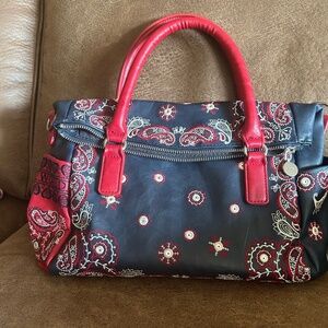 Ladies Handbag-Blue & Red & Paisley Stitching